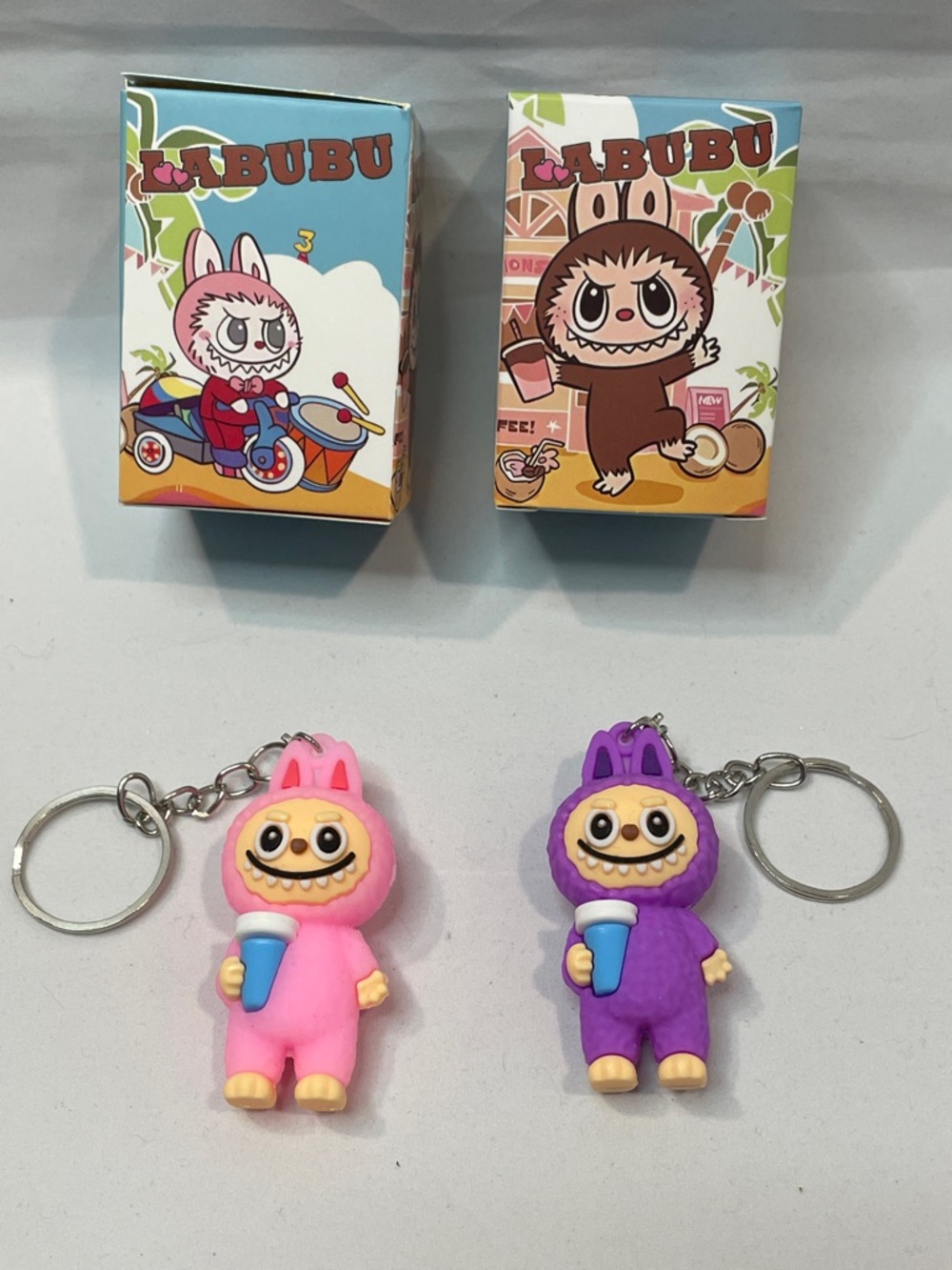 LABUBU Kids Keychain Set - Pink & Purple Cute Character Keyrings